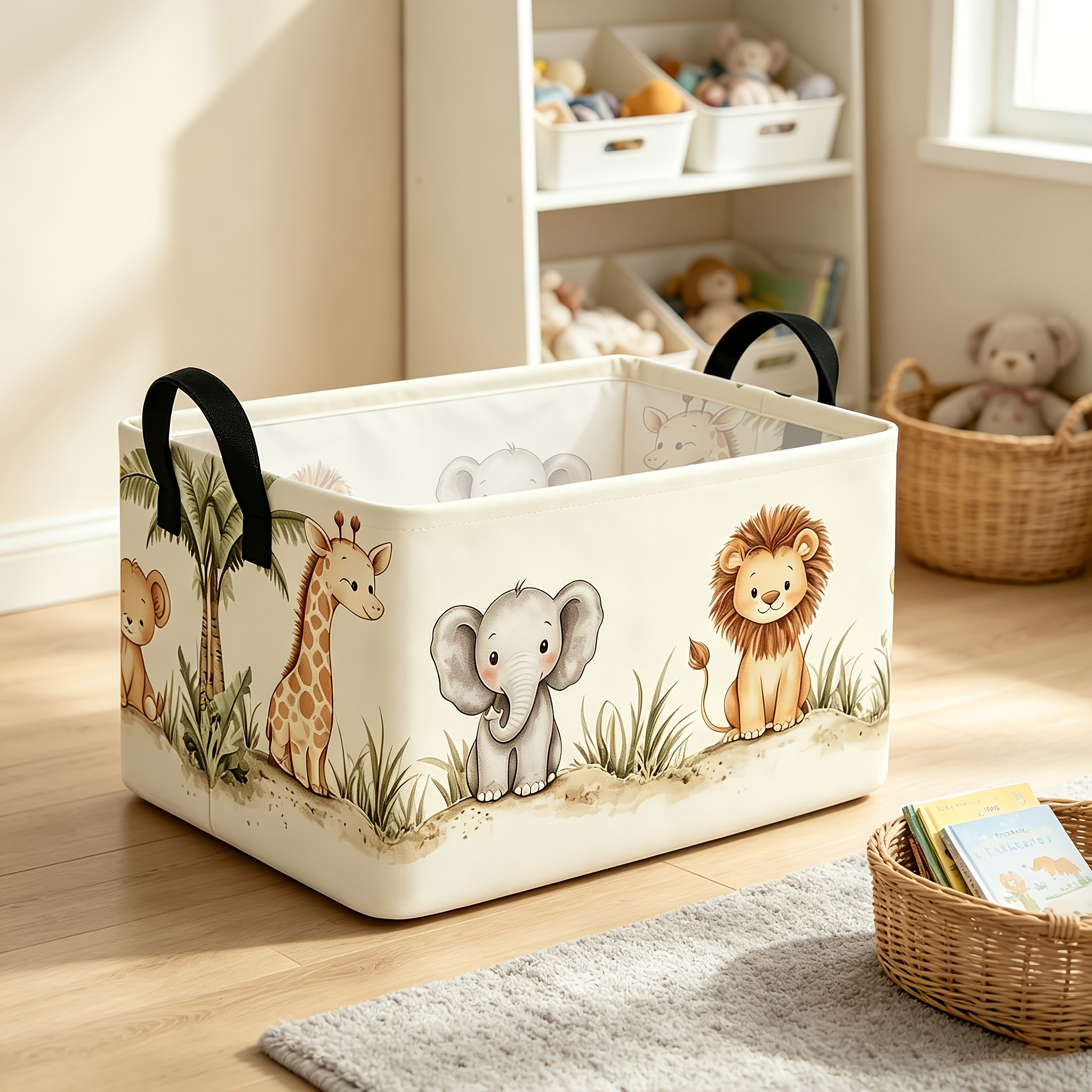 TEMU . Aquarell Elefant Löwe Giraffe Aufbewahrungskorb, Aufbewahrungsbox mit Griff, faltbarer Wäschekorb, platzsparendes Design, zur Organisation von
