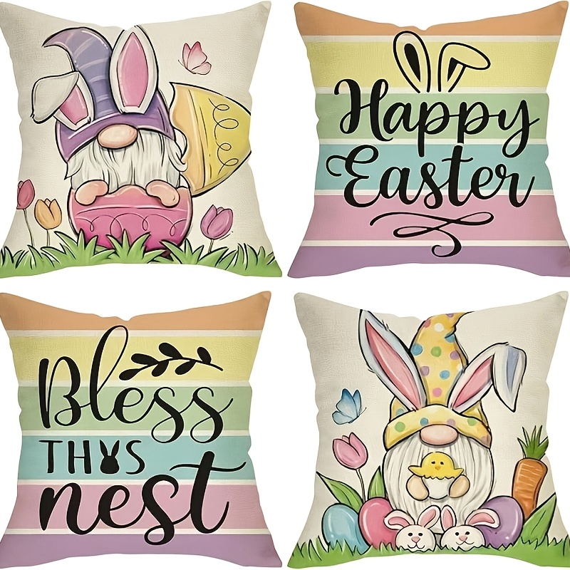 

Easter & Bunny Linen Throw Pillow Covers 18x18 Inch, Set Of 4, Hypoallergenic Zippered Cushion Cases For Sofa, Bedroom, Style Home Decor, Machine Washable