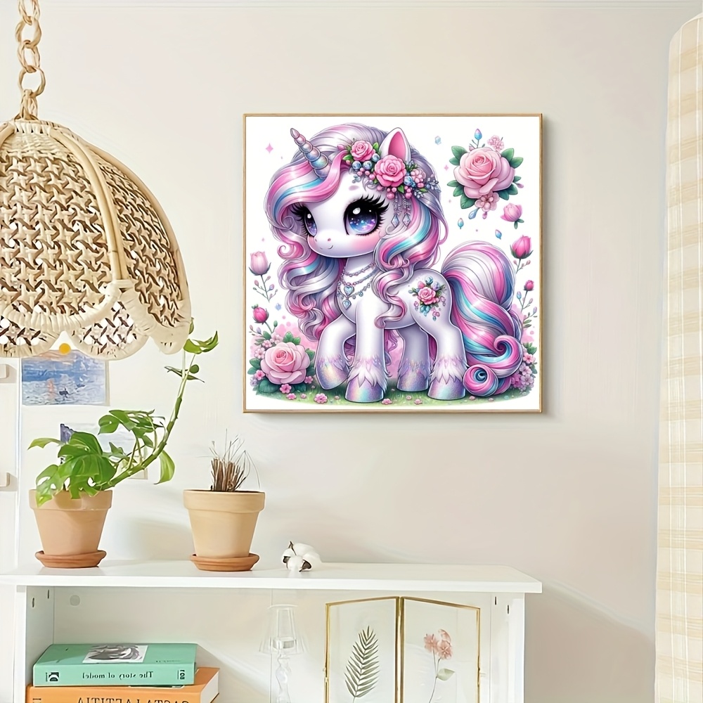 TEMU 1 Diy 5d Diamond Painting Kit - Cute Unicorn Design With Pink & Blue Flowers, Round Canvas, Handcrafted Mosaic Art For Home Decor, Perfect Gift
