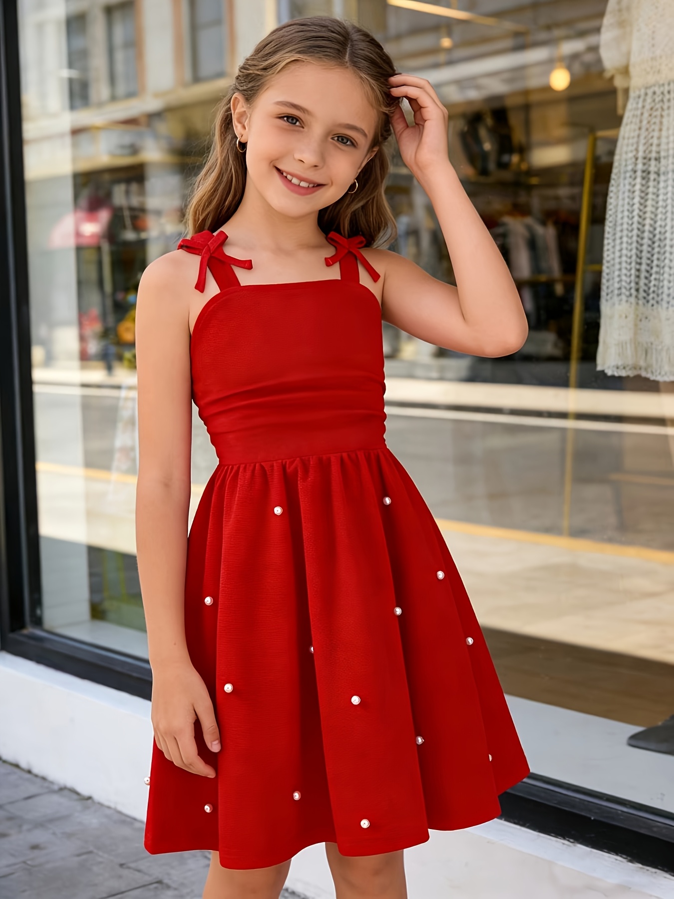red suspender dress bow imitation pearl decoration pleated waist festive princess dress