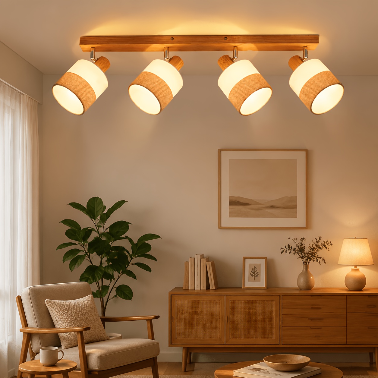 Image of 4-bulb Ceiling Spotlight, Ceiling Light, Light Wood, Vintage Fabric Lampshade, 350 Degree Rotatable, Vintage , Suitable For Hallway, Kitchen, Bedroom, Living Room, Without Bulbs