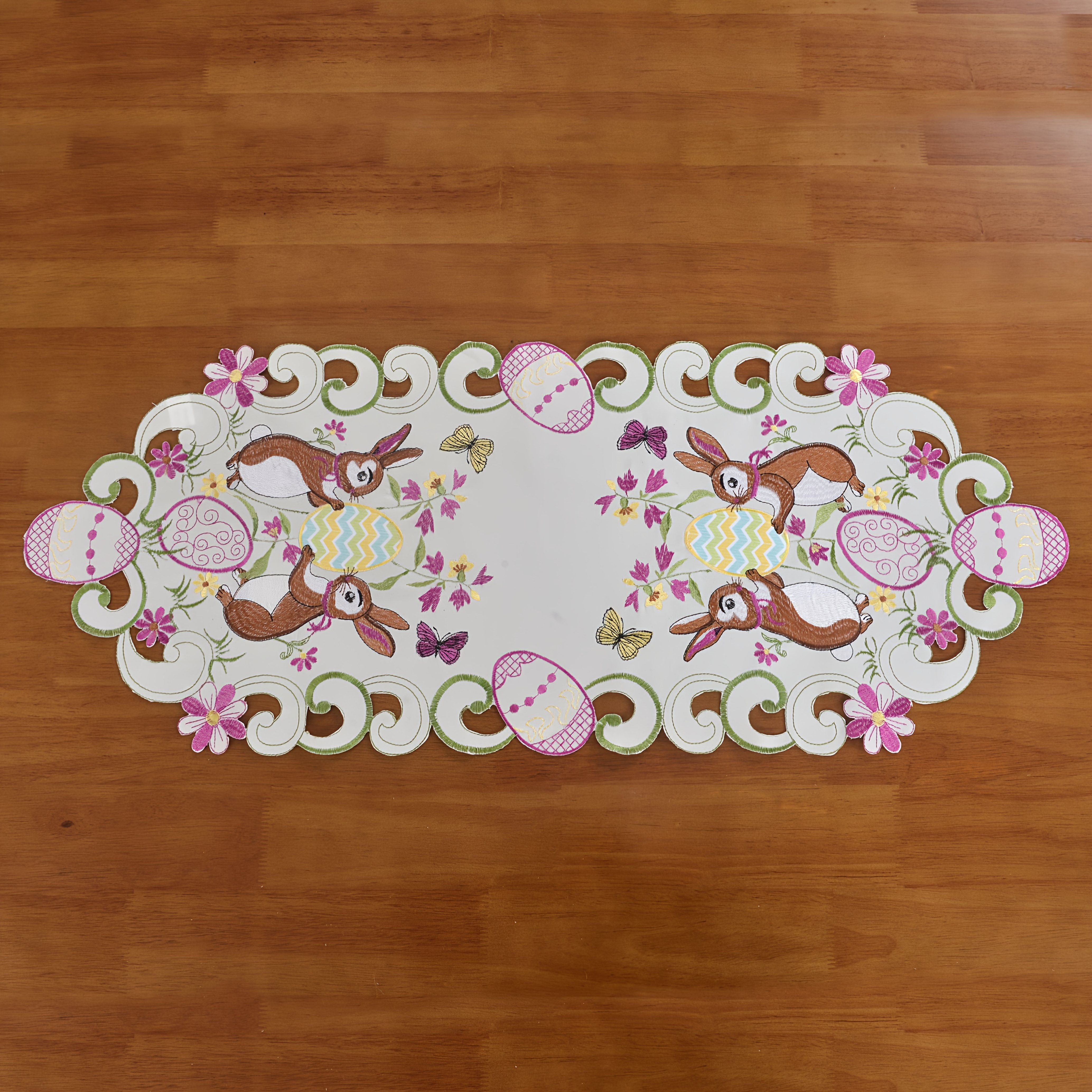 TEMU Easter Table Flag, Spring Rabbit Flower Embroidery Table Flag, Cutting Craft Flower And Rabbit Decoration, Dining Table Flag, Home Kitchen Table