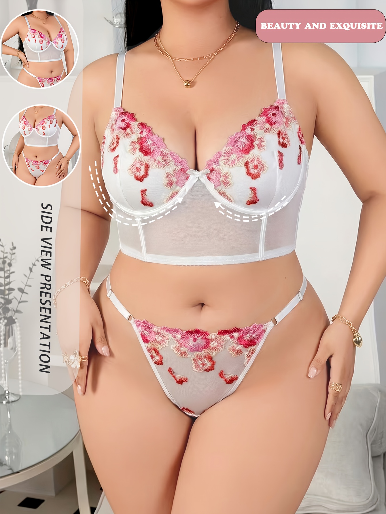 2pcs Set, Plus Size Women'S White Sheer Bra And Panties Set with Pink Floral Embroidery, White Gauze Lining with 3D Pink Floral Embroidery, Adjustable Shoulder Straps, Multi-Row Back Buckle Design; Panties with Matching Pattern