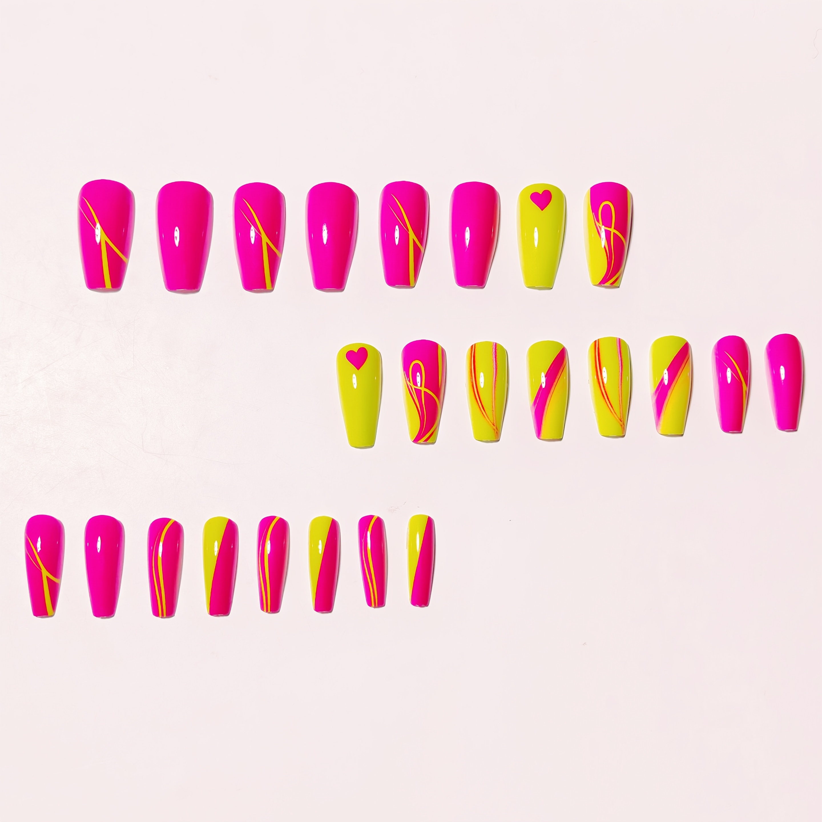 24pcs Ballet Shape Press-On Nails - Neon Pink & Yellow Glossy Finish with Heart & Swirl Designs, Medium Length Reusable Fake Nails for Parties, Events, Bold Fashion Statements, Ballet Accessories, Party Accessories, Durable Pressons