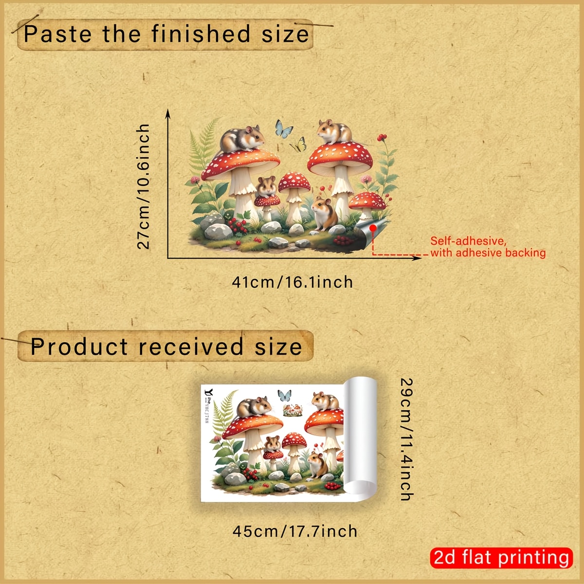 TEMU 2D Plat - 1 stuks 2D Plat-Print Muizen, paddenstoelen, bloemen, kruiden, vlinders, Raamsticker, Creatieve Zelfklevende Verwijderbare