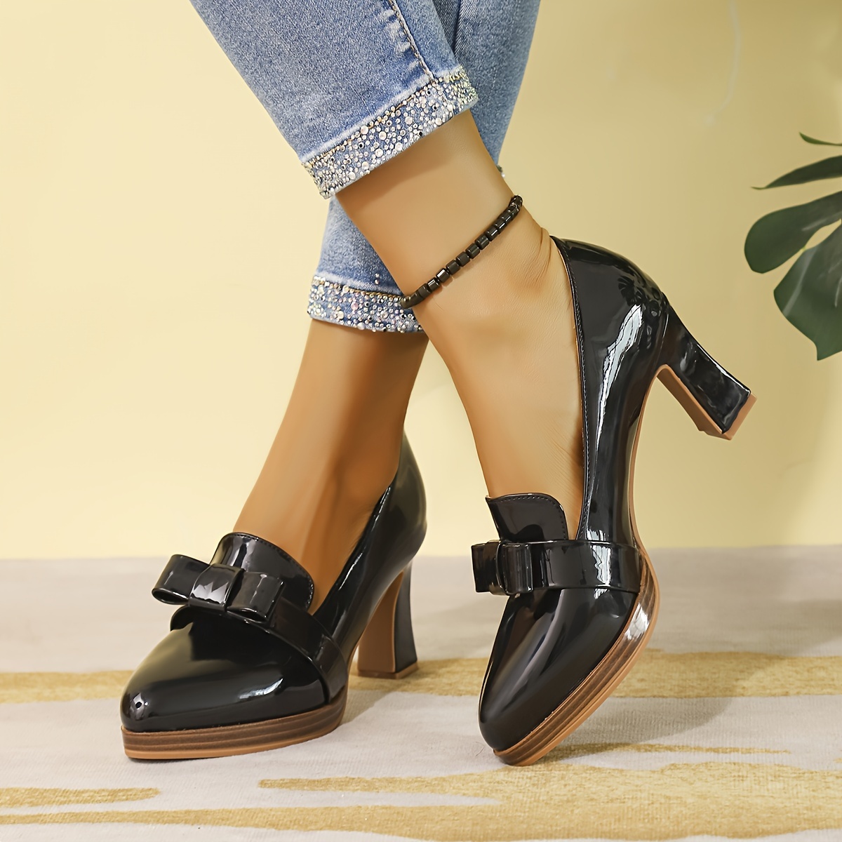 

[ Shoes] Elegant Black High Heels For Women - Cover With Bow Detail, Comfortable Chunky Heel, Waterproof Platform Dress Shoes, Round Toe, Wear