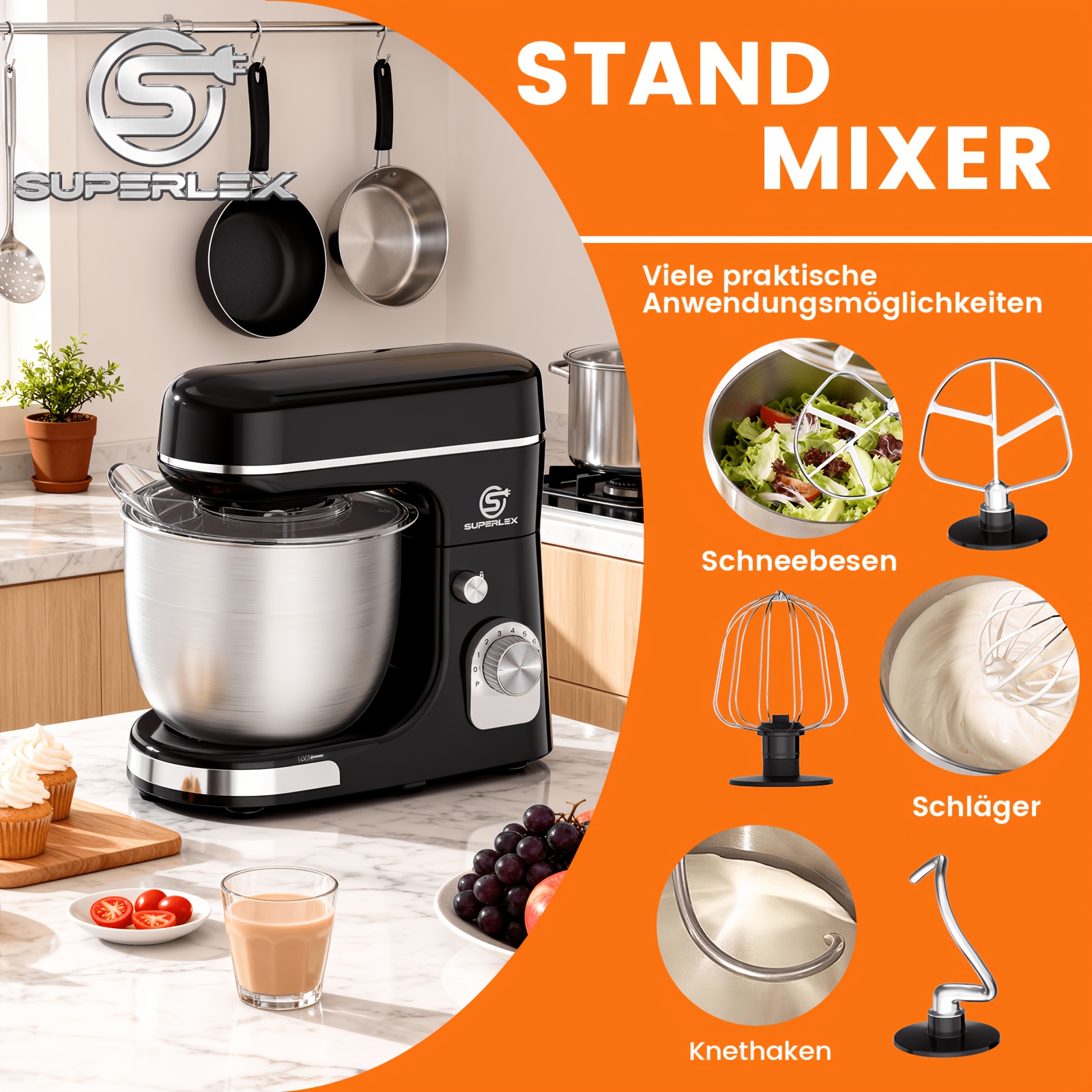 E-shop SUPERLEX 1300W 5L Standmixer, Leistungsstarke Küchenmaschine mit 8 Geschwindigkeiten, inkl. Teighaken/Rührbesen/Schneebesen, Edelstahlschüssel,
