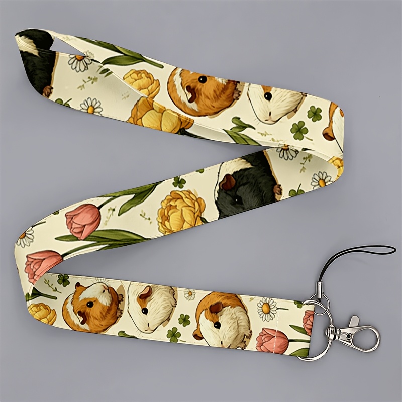 TEMU Cordón 2D para hombres y mujeres que van al trabajo o a , con estampado de conejillo de indias y flores, soporte para teléfono y tarjeta de