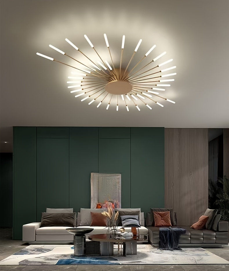 Modern Minimalist Warm White LED Ceiling Light with 42 Golden Firework Design - Sleek Metal Acrylic Fixture for Living Room, Dining Room, Bedroom - No Remote or Switch Included, Living Room Decor | Minimalist Light Fixture | Acrylic Diffuser