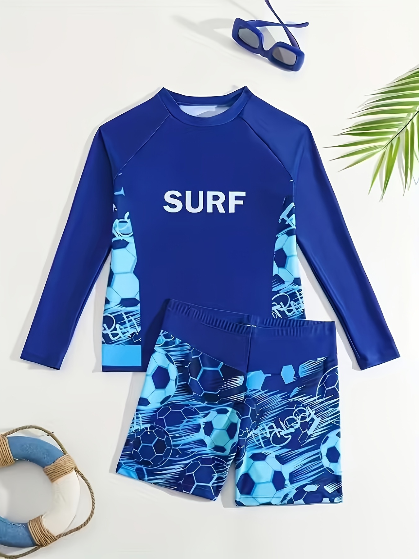 2pcs Boys' Blue Separated Swimsuit Set, Round Neck Long Sleeve Top And Shorts Outfit, Letter Basketball Digital Print, Beach Quick Dry Swimwear