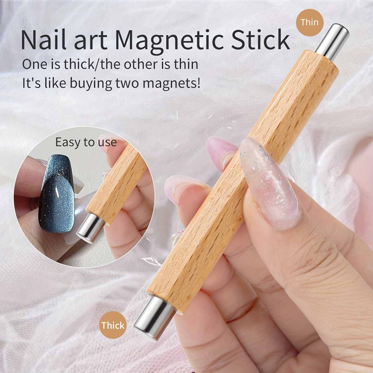 

Dual-ended Nail Art Magnetic Stick - Wooden Handle Manicure Tool, Strong Magnet For Cat Eye Gel Polish, Multi-effect Double-headed Design For Detailed Nail Art Effects, Unscented Nail Magnetic Wand