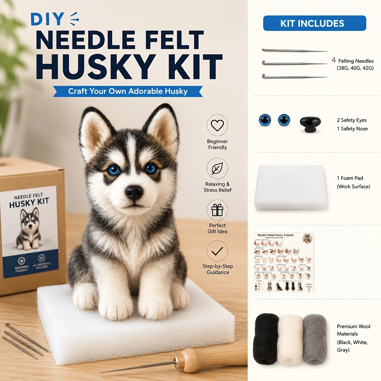 TEMU Kit de loisirs créatifs à soi- Husky aux yeux en feutrine, inclut tous les matériaux et les instructions, facile pour les débutants pour créer