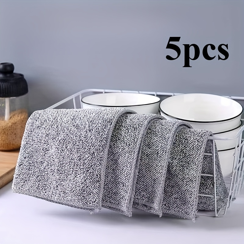5pcs Kitchen Towel, Fiber Light Gray Cleaning Cloth Set, Absorbent, Soft And Stain-removing Cloth, For Cleaning Glass, Cooking Bench, Pot, Bowl, Water Tap, Lampblack Machine