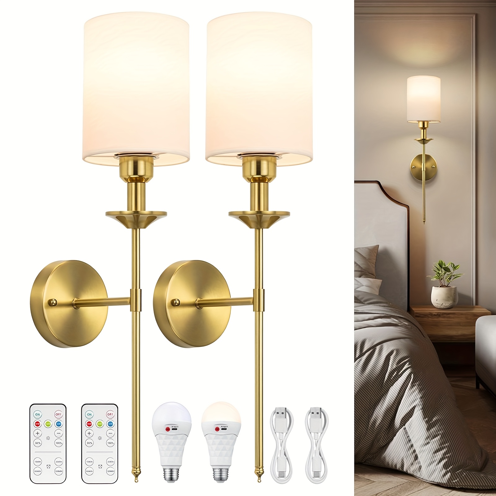 Battery Operated Wall Sconces, Set Of 2 – Gold Wireless Wall Lights With Remote, Dimmable 3000K‑6000K, Rechargeable, No Wiring Needed For Bedroom, Hallway, Stairs