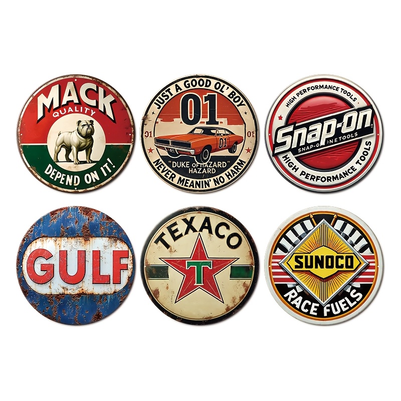 

6pcs Classic Gas & Automotive Brand Metal Plaque Set - Vintage Style Tin Signs For Garage, Man Cave, Bar - Iron, Easy To Mount, Retro Wall Hanging Decor, Indoor/outdoor, , 8x8