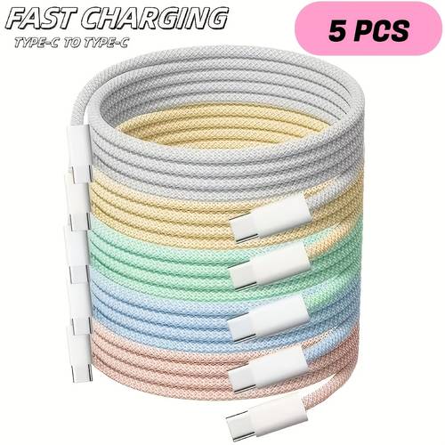this 5 pack of type c to type c charging cables each 39 37 inches long features dual type c ports for fast charging and data transfer and a colorful nylon braided design are compatible with devices including the iphone 16 15 pro max