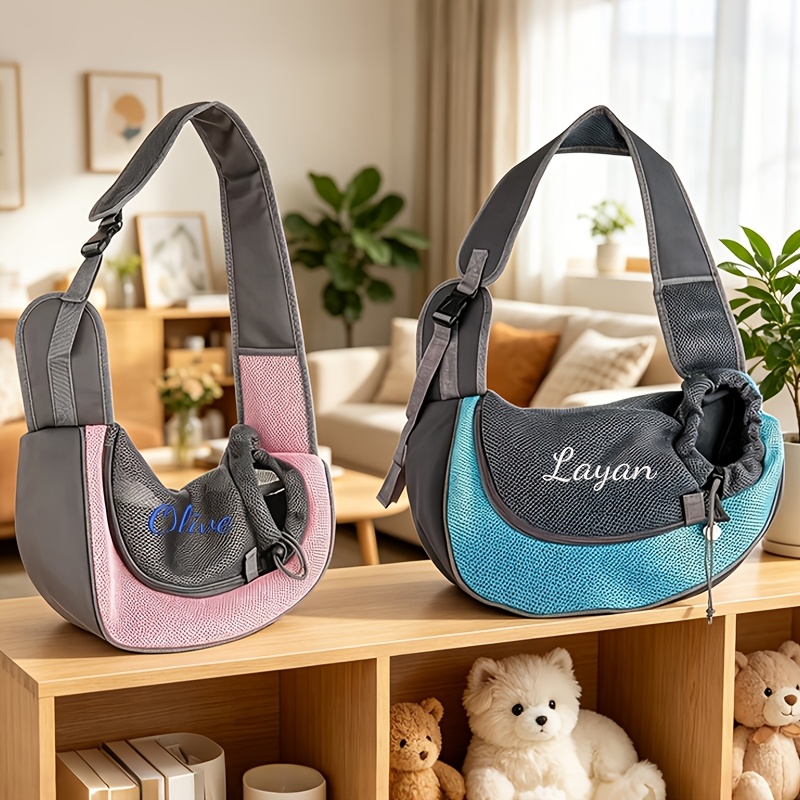Custom Embroidered Pet Outing Shoulder Bag, Mesh Breathable Adjustable Shoulder Strap Cat and Dog Portable Carrier, Available in 5 Colors and 2 Sizes, Outdoor Pet Walking Bag, Cat and Dog Personal Carry Storage Bag, a Practical and Thoughtful Gift