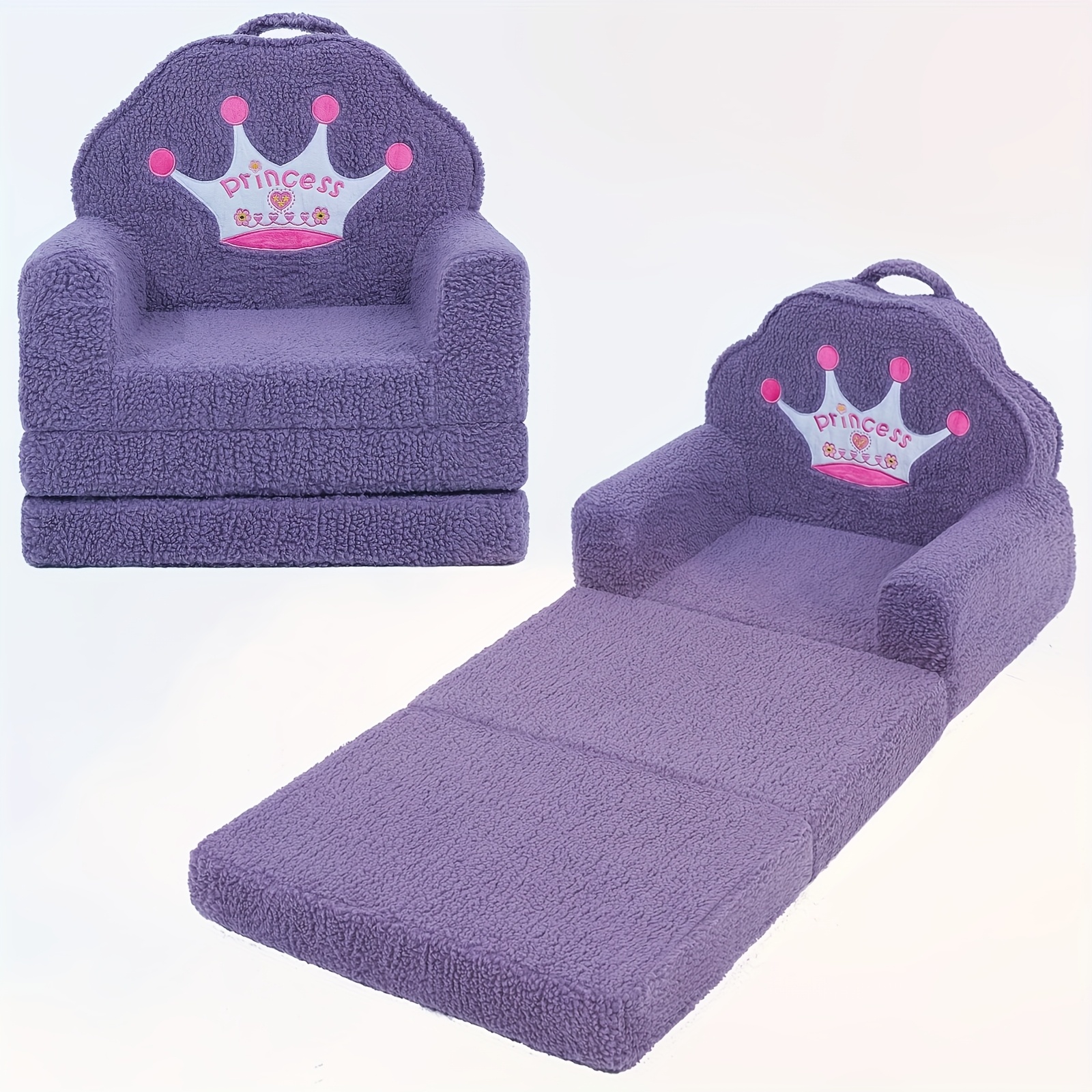 TEMU Pink Crown Sherpa Playroom Furniture: A 2-in-1 Convertible Couch And Chair For Kids, Offering Soft And Comfortable Seating For Girls