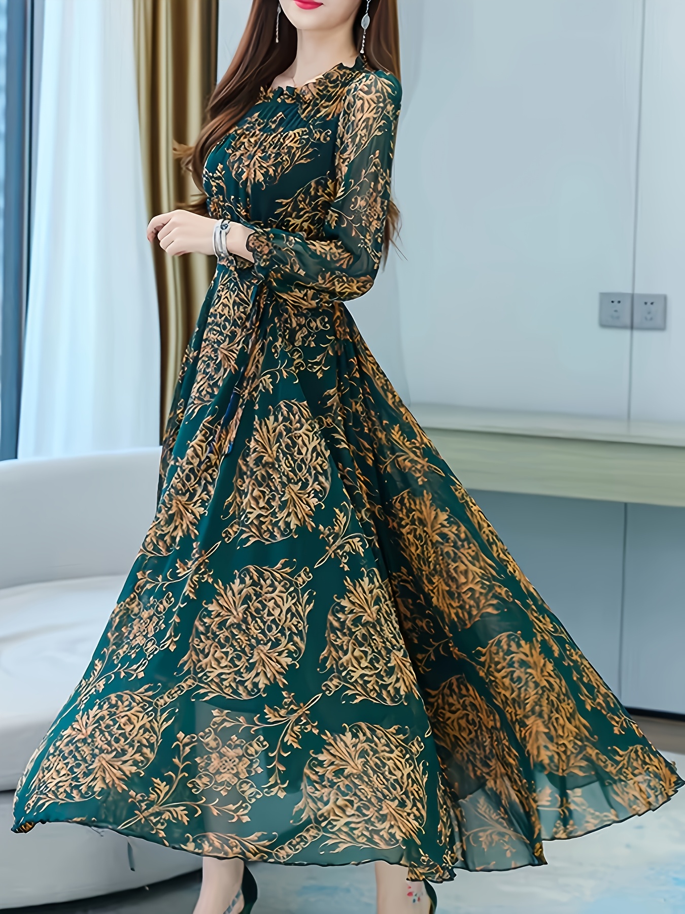 Emerald green floral print chiffon maxi dress with square neck A line sleeves and ruffled hem