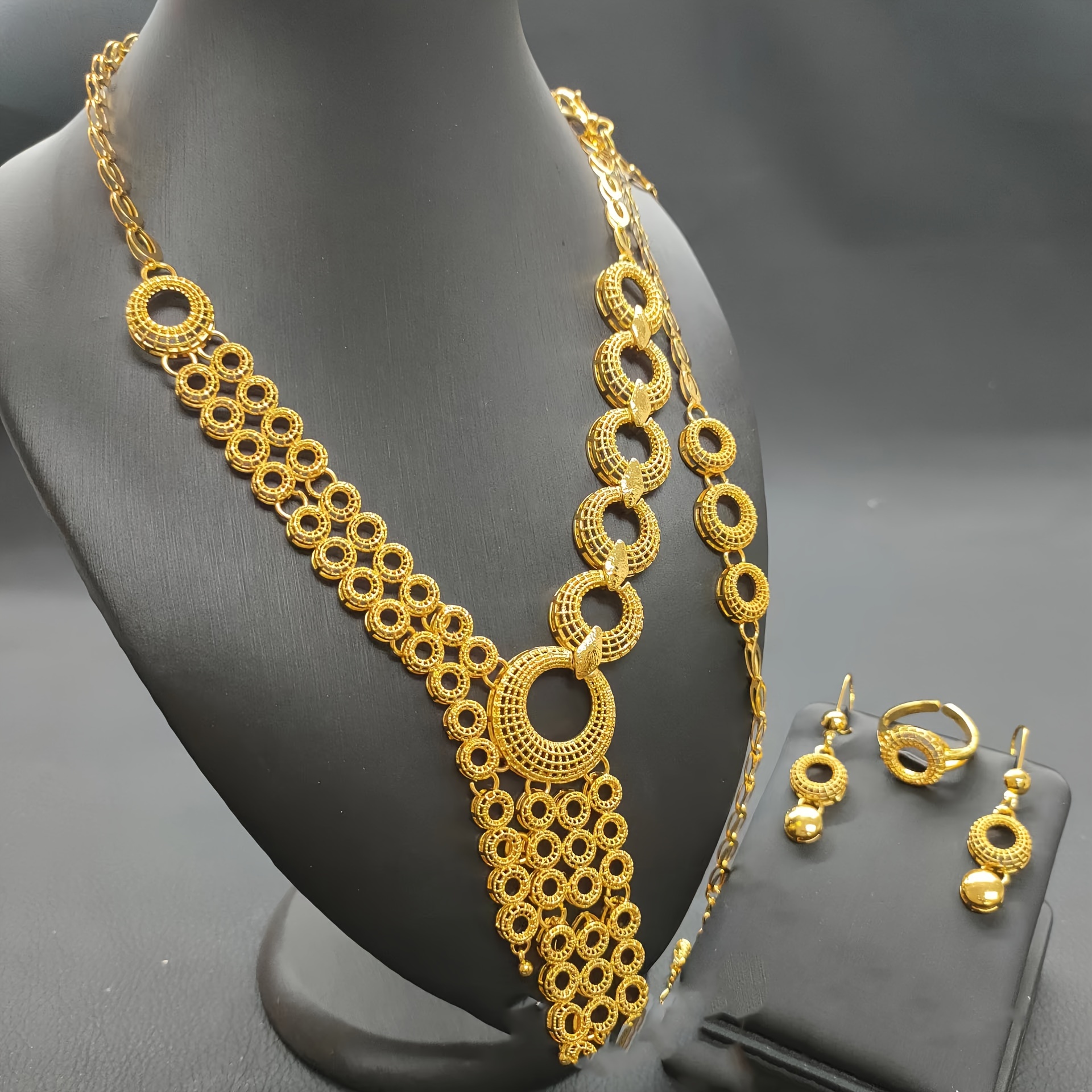 luxury middle eastern indian jewelry set bridal banquet festive alloy accessory 4 piece set with necklace bracelet earrings ring indian style luxury fashion gifts for eid details 1