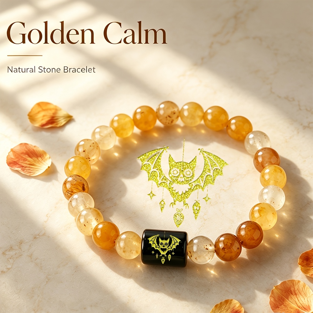 Natural Agate Stone Beaded Bracelet with Whimsical Bat Charm