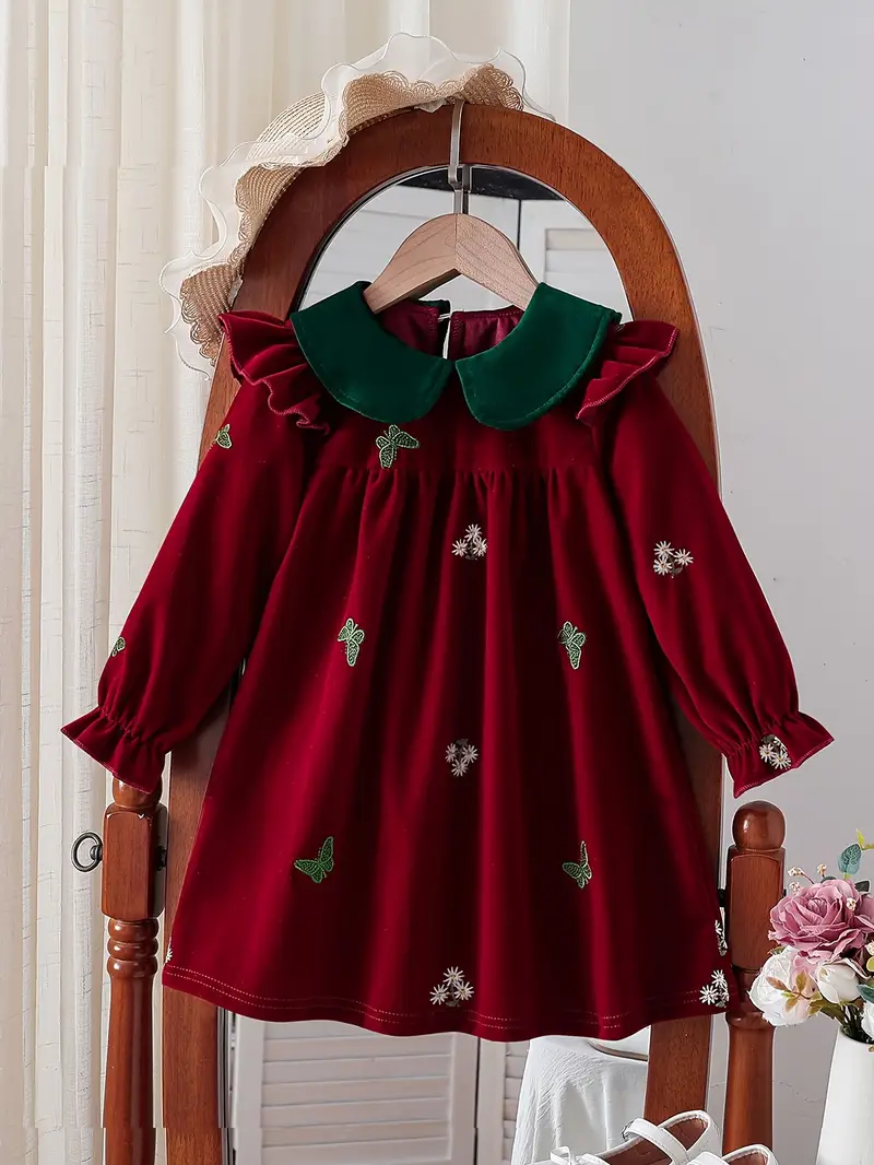 Girls' Vintage/Velvet Dress, Floral * Embroidered Contrast Emerald Peter Pan Collar Puff Sleeve Long Sleeve Loose Dress, Spring/Autumn * Style Girls' Vintage/Velvet Dress, Floral * Embroidered Contrast Emerald Peter Pan Collar Puff Sleeve Long Sleeve Loose Dress, Spring/Autumn * Style
