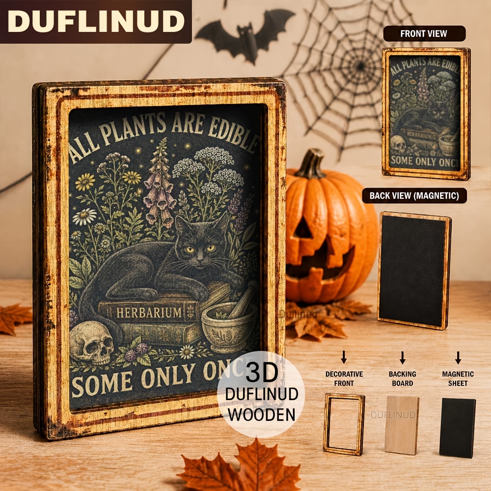 TEMU 1pc 3d Wooden Double-layer Halloween Themed Black Cat Fridge Magnet, Mini Plant And Black Cat Retro Pattern, Wooden Fridge Sticker, Refrigerator