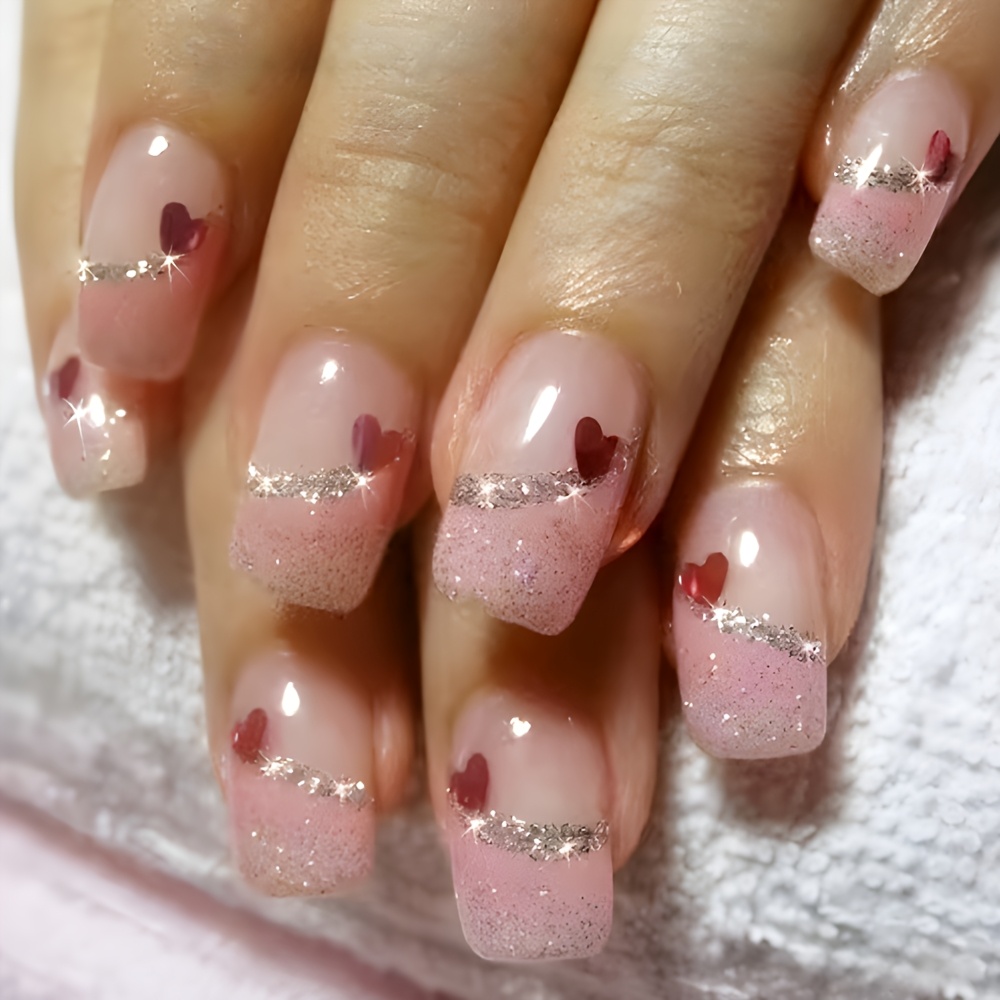 

24pcs Pink Fake Nails Set, Square Shape Medium Length With Heart & Holiday Patterns, Fashionable -on Nails For Women, Valentine's Day Nail Art Decor