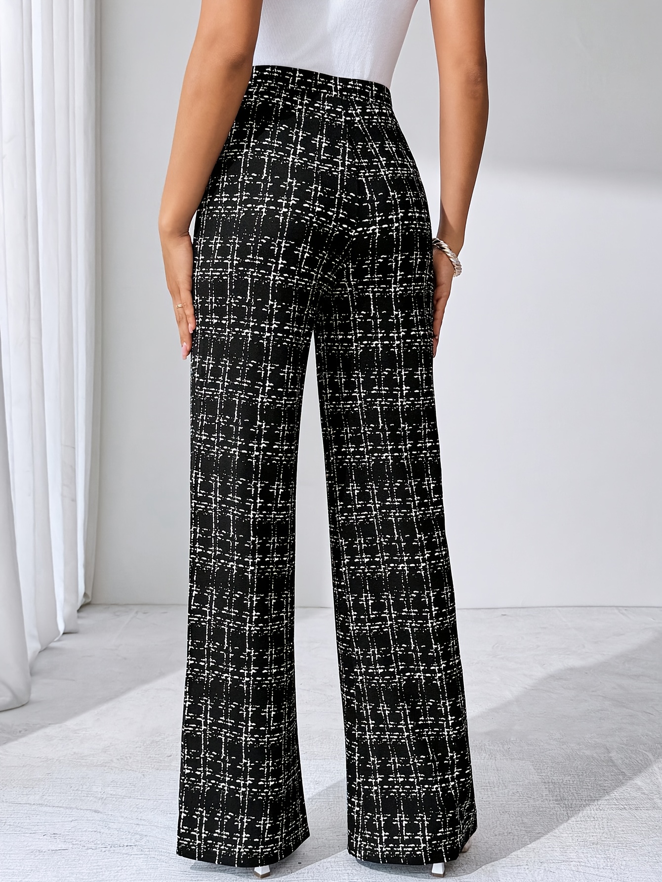 womens black white flare pants high waisted stretchy Temu New