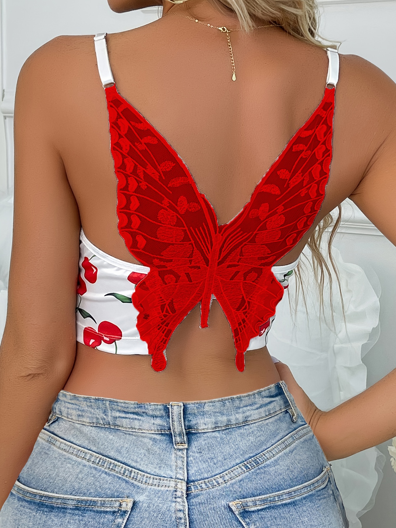 Cherry Cami Crop Top, Mesh Butterfly Embroidery Top, Women's Lingerie &  Underwear