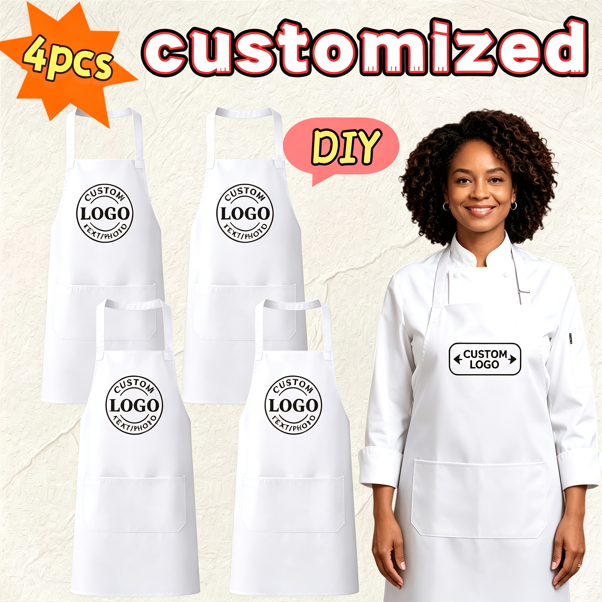 TEMU 4pcs Custom Aprons, Personalized Logo/name/pattern, Unisex, Suitable For Kitchen Use, With Pockets, Ideal Gift For Mother's Day, Sisters, ,