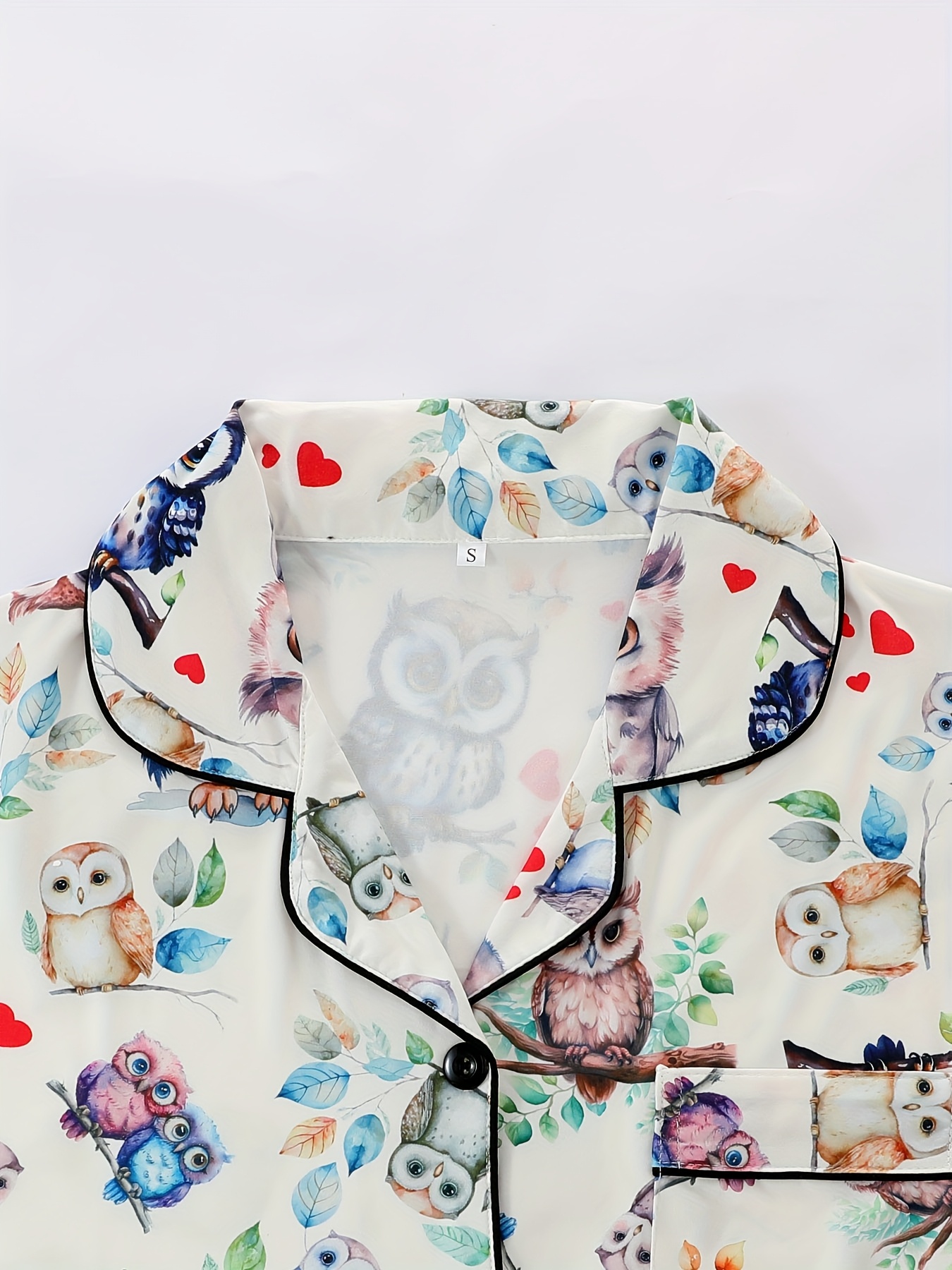two piece pajama set with collared short sleeve open front shirt and loose elastic shorts   print pattern   wearable casual   womens sleepwear and loungewear outfit polyester fabric Product details 2