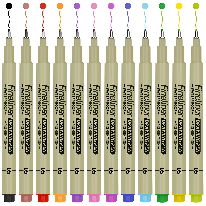 TEMU Set de stylos à pointe fine imperméables 12 couleurs - Stylos de dessin en plastique légers et durables pour au trait, le , , le pointillé et le