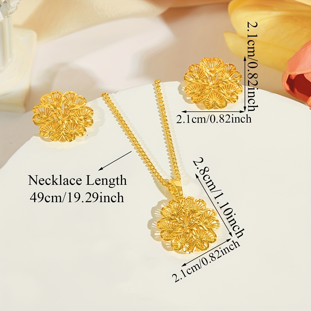 3D Flower Earrings & Pendant Set, Golden for Parties & Balls