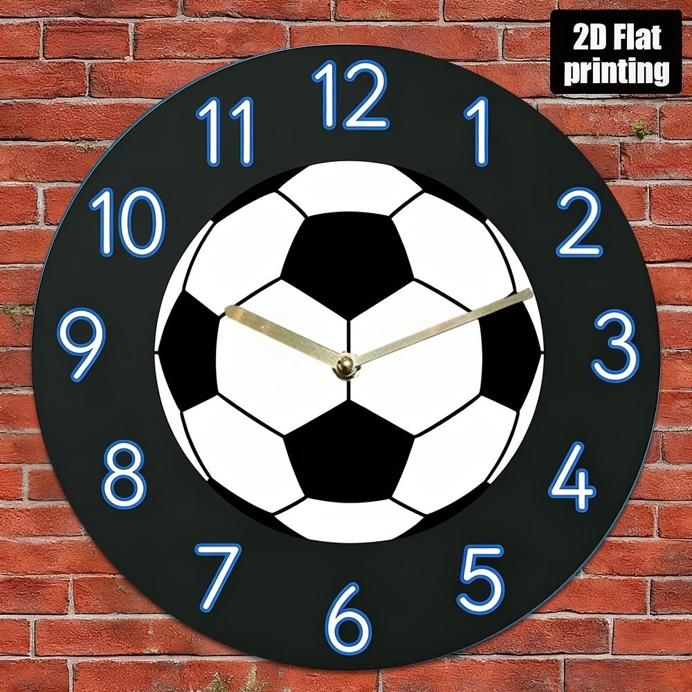 TEMU 2d Flat, 12-inch Soccer-themed Wall Clock, Non-glow Numbers And Football Design - Silent No-tick Decor, Black Blue Light Panel, Acrylic Round