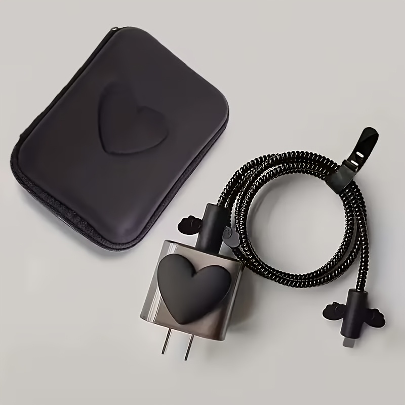TEMU This Set Includes 6 Stylish Black Heart-shaped And Data Cable Cases. Is Compatible With Iphone 16/15, 13/14 Pro Max, And 12/11, And Supports