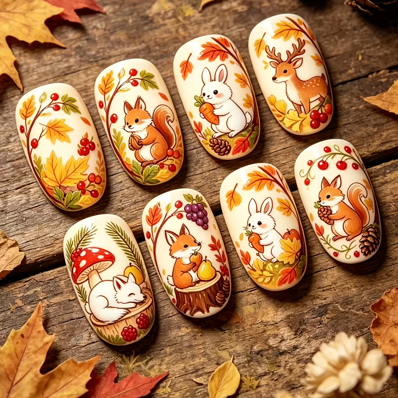 TEMU 24pcs Retro Autumn Style Nail Art Additions Cute Animal Maple Leaf Berry Theme Removable Wearable Nails Fake Nails Nail Art