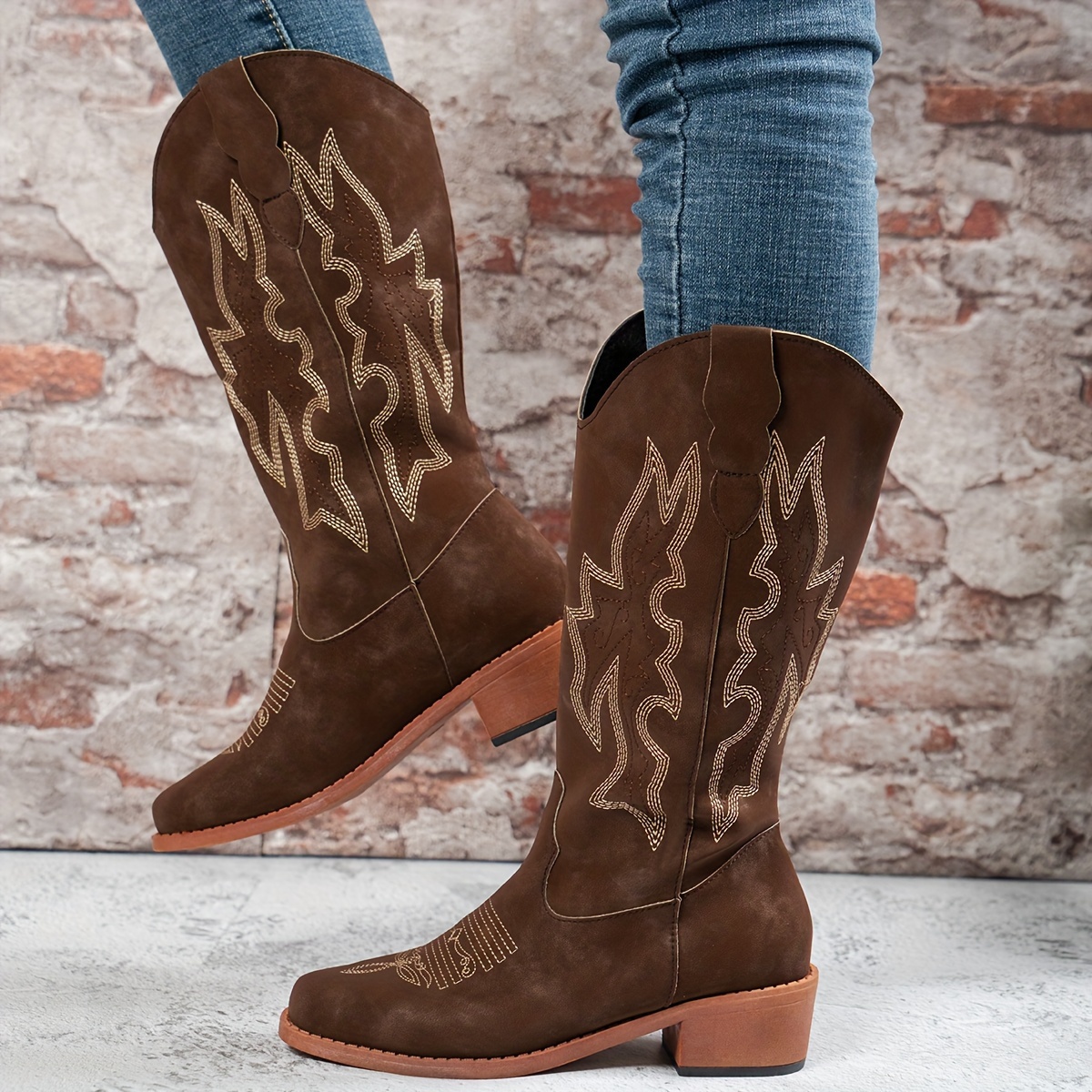 

Women' Mid-calf Cowboy Boots, Solid Color, Round Toe, Heel, Upper, Fabric Lining, Tpr Sole, Fabric Insole, With Hand Washable, For Slip-on Western Boot