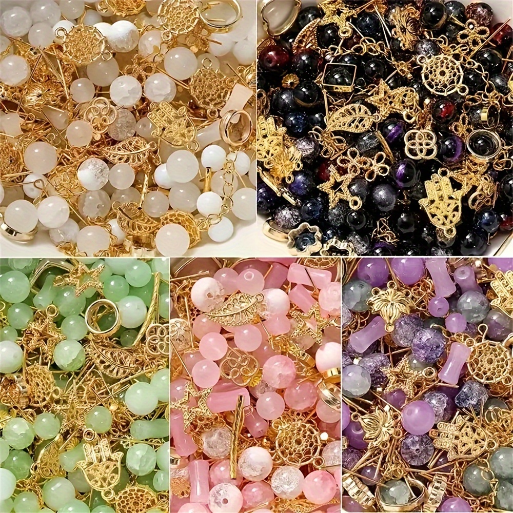 

8.8oz Random Mix Glass Beads Golden Pendant Charms For Diy Jewelry Making Special Beaded Decorative Accessories 5 Colors