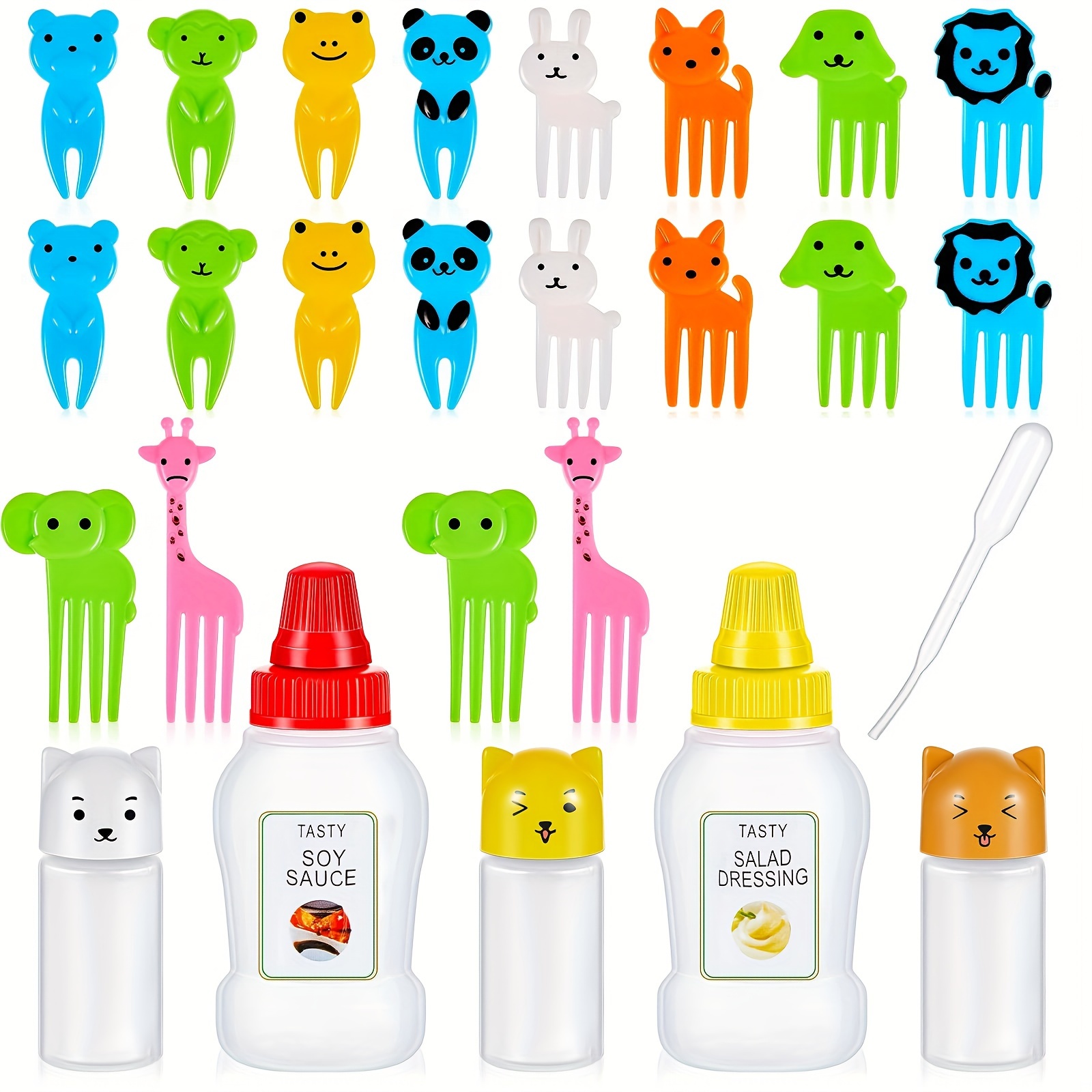 

Set, Lunch Bento Soy Sauce Case Container Mini Plastic Condiment Squeeze Bottles Cute Lunch Accessories With Dropper Animal Food Picks For Honey Salad Sauces Oil Ketchup