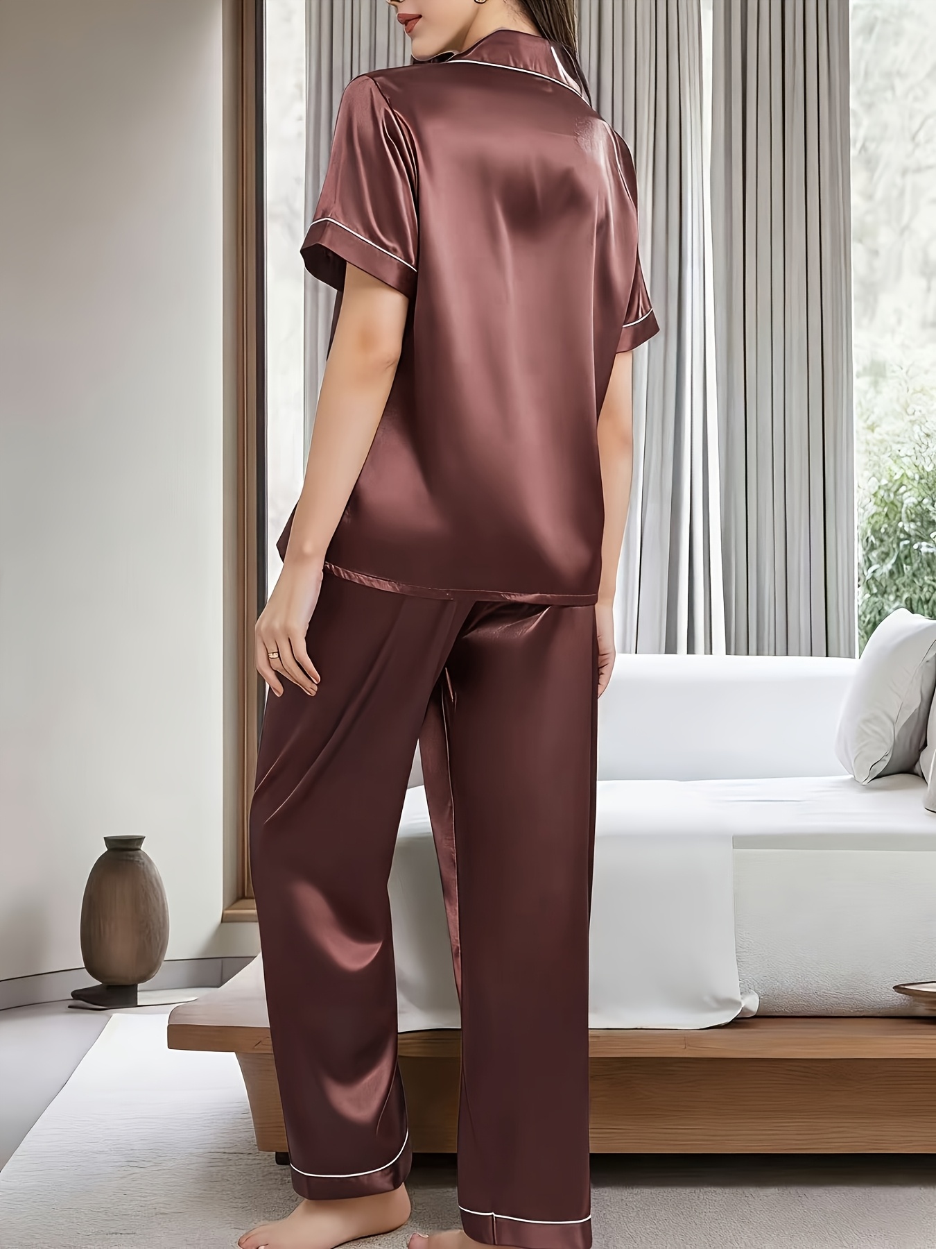 satin spring and summer loungewear for women featuring short sleeves long pants a easy design and a collared cardigan Product details 3