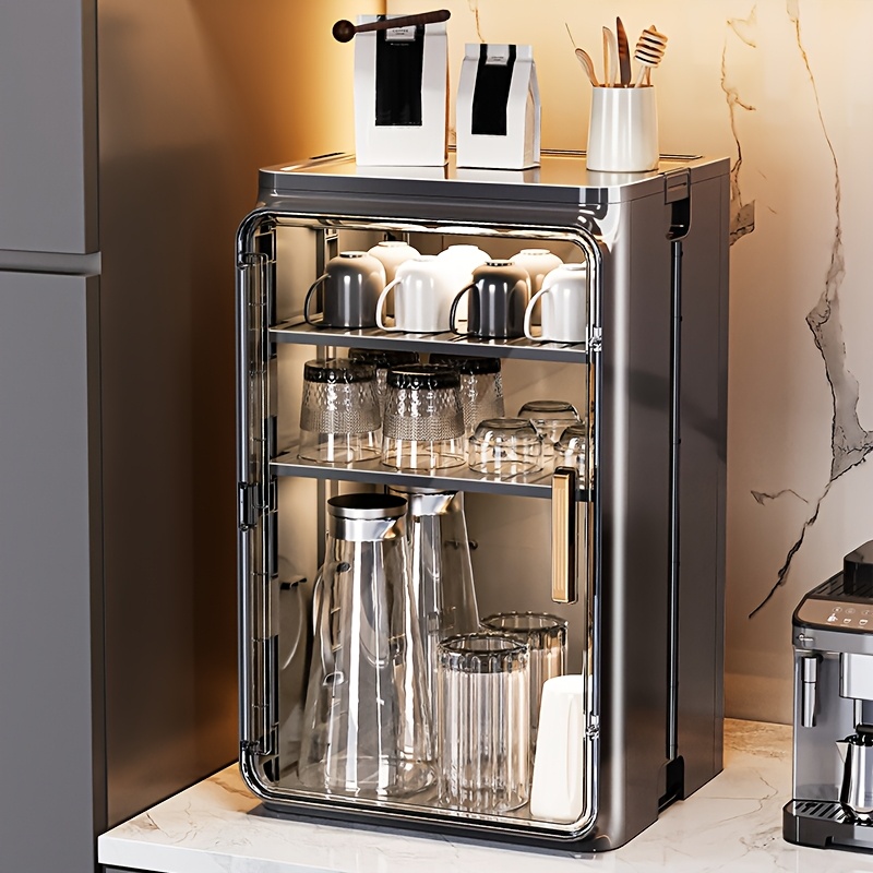 1pc Foldable Storage Cabinet - Multifunctional Coffee Cup Holder and Utensil Organizer with Clear Viewing Window, Easy Assembly & Cleaning, Ideal for Kitchen Organization and Coffee Accessories Storage, Suitable for Home and Cafe Use, Black, Kitchen Storage Cabinet, Sleek Design, Durable Plastic, Stemware Racks, Mug Holder