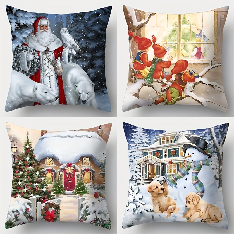 

4pcs Christmas Set - 17.7" X 17.7" Santa & Snowman , -sided , Zip , For Sofa Decor (inserts Not Included)