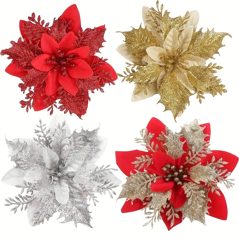 

10pcs Of 14cm/5.51-inch First-class Red Artificial Flowers With Clips And Stems, Sparkling Christmas Tree Decorations, Christmas Wedding Party Supplies, Happy New Year Decorations