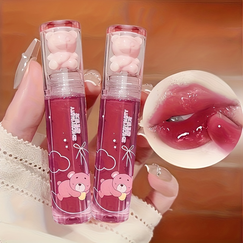 easter 3pcs set strawberry bear cherry lip gloss cute bear     jelly lip with sparkling dew durable waterproof and stain resistant transparent film   lip gloss full lip color a good gift for women easter gifts for halloween