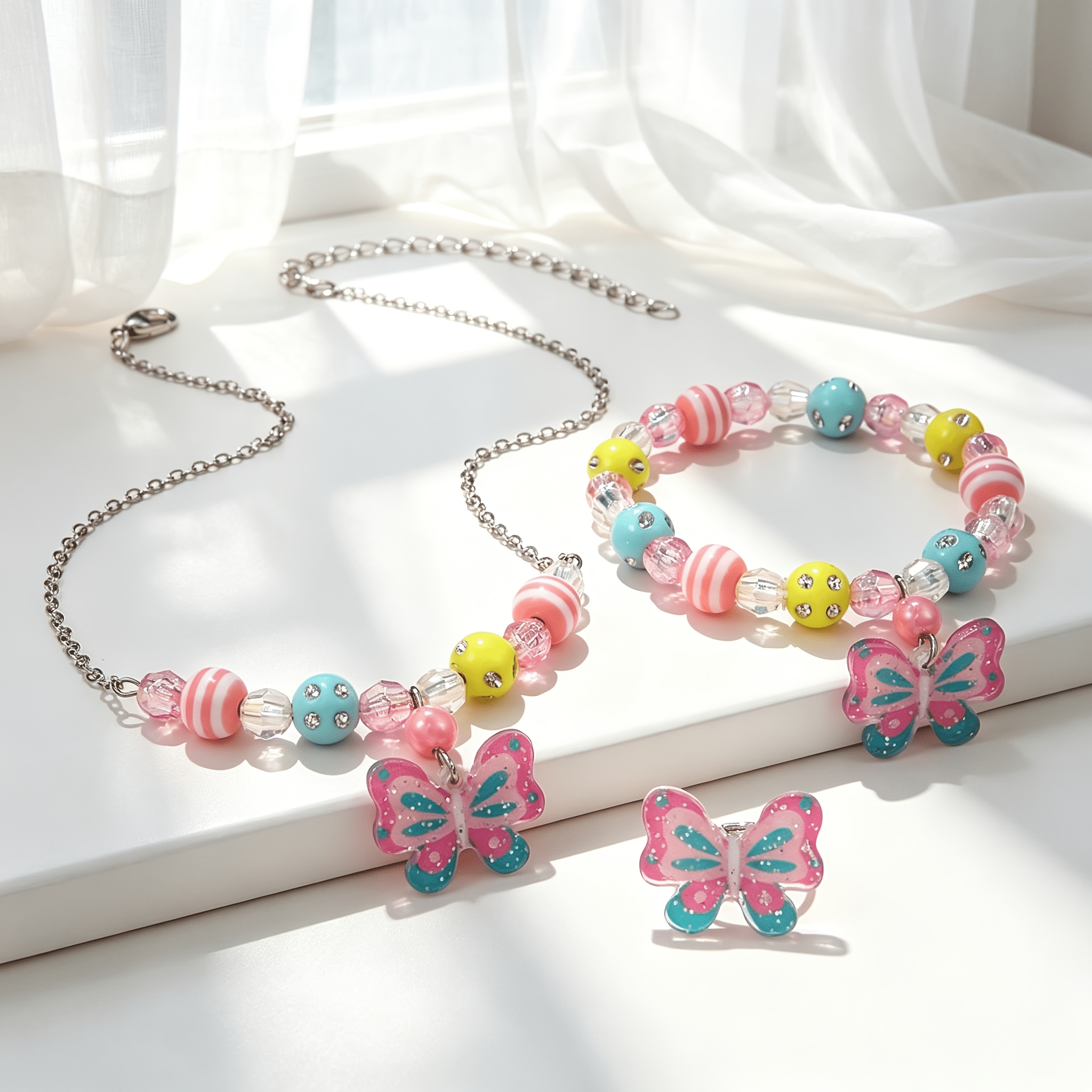 TEMU 3pcs Kids Jewelry Set, Colorful Cute Pendant Stretch Bracelet, Adjustable Necklace And Ring, Friendship Matching Additions For Girls, Festival