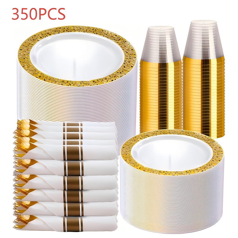 350pcs golden disposable plastic dinnerware set for 50 guests   100   plates 50 dinner plates 50 dessert plates 50 9oz cups with   50 pre rolled napkins with golden cutlery   party wedding