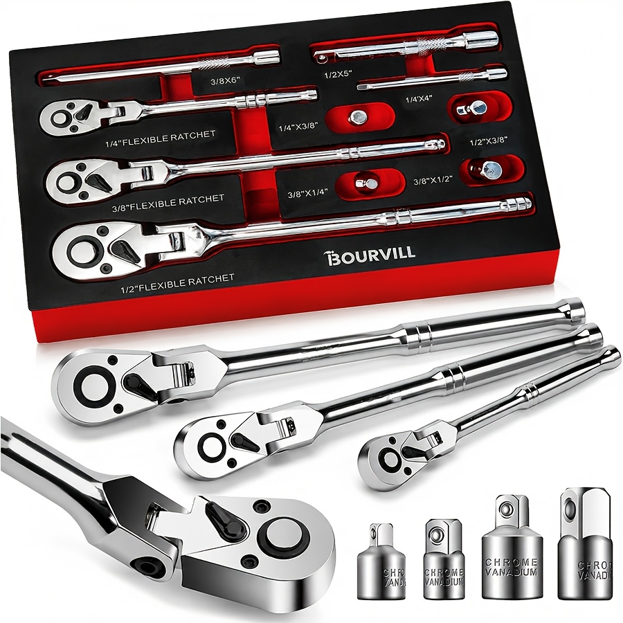 TEMU Bourvill 10pcs Flexible Swivel Head Ratchet Wrench Set, 1/4" 3/8" 1/2" Drive 72-tooth Quick Release Ratchet Handles, Extension Bars And Socket