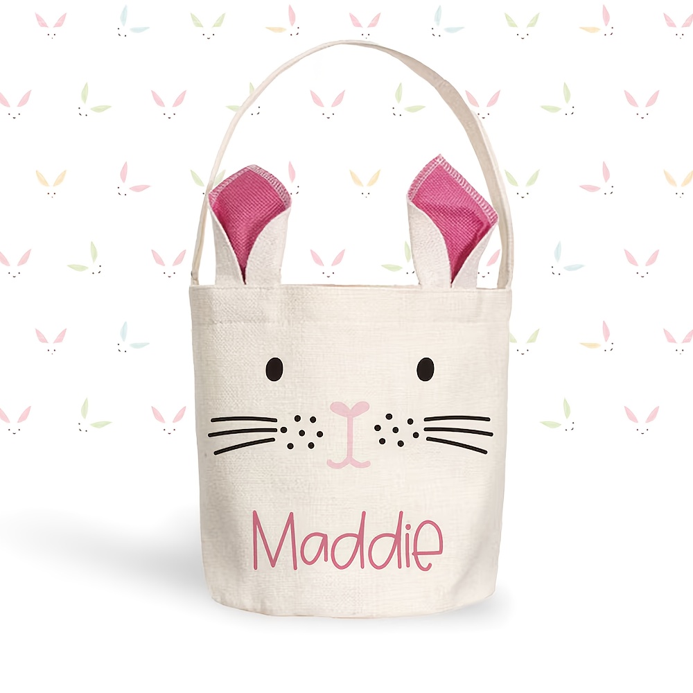 TEMU Customizable Easter Bunny Basket With Name - Personalized Burlap Tote With Pink, Blue, Or Green Bunny Ears, Rabbit , Ideal For Gift Giving