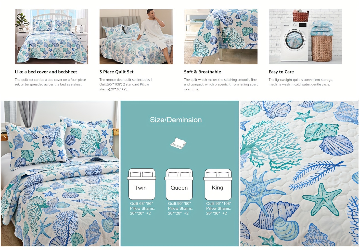 Coastal Beach Quilt Set Twin Queen King Size Ocean Theme details 3